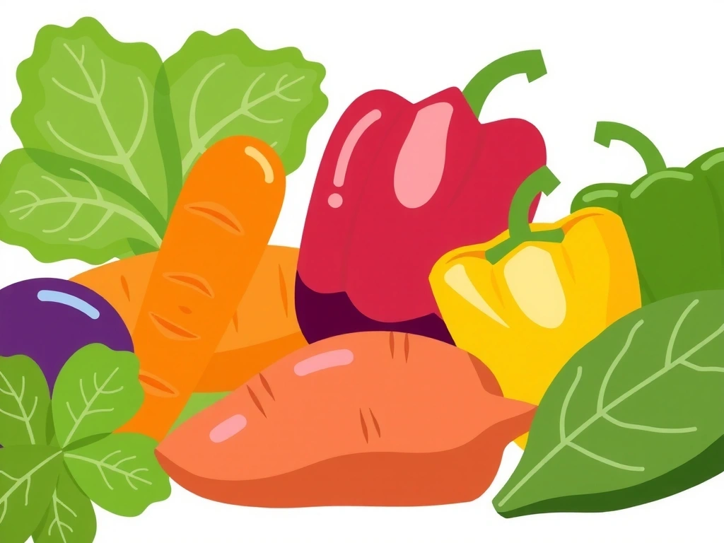 Illustration de divers aliments riches en Vitamine A comme les carottes, les patates douces et les épinards, avec une ambiance saine et naturelle.